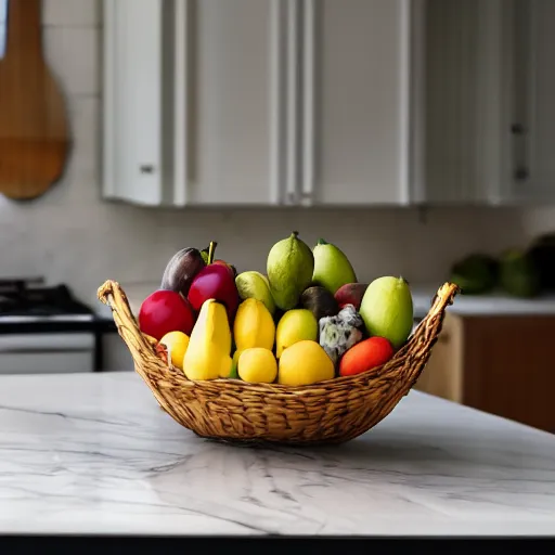 Prompt: a marble statue of a fruit basket on top of a kitchen table