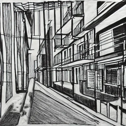 Prompt: drawing of a street in tel aviv with bauhaus buildings in a junction. art. partially painted. highly detailed. pen drawing