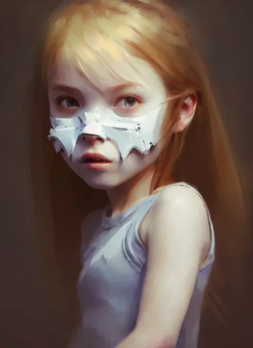 Prompt: tender portrait of a young cute girl with a monster mask head, portrait illustration, trending on artstation, characterdesign, sharp focus, illustration, digital matte painting, art by ruan jia, ghibli, elena shumilova, leah robinson