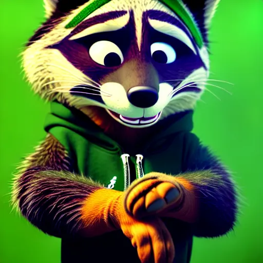 Image similar to a relaxed stoner with a black hoodie on with a marijuana themed dark green raccoon head from zootopia, wearing beanie, smoking, 3 d, blender 3 d, render, extremely detailed, 8 k, detailed fur