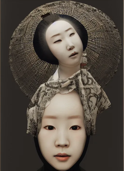 Prompt: portrait of a melancholic geisha, parallax, studio portrait against a black background, modern fine art, fractal, intricate, elegant, highly detailed, digital photography, subsurface scattering, by jheronimus bosch and yue minjun and greg rutkowski,