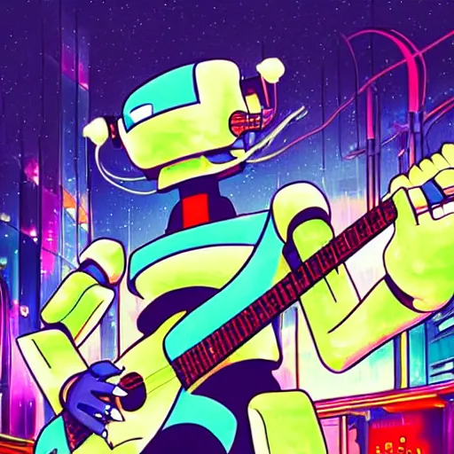 Image similar to A cell animation of a robot playing guitar standing in a futuristic city street, macross, gundam, ghibli style, illustration, anime, trending on artstaion