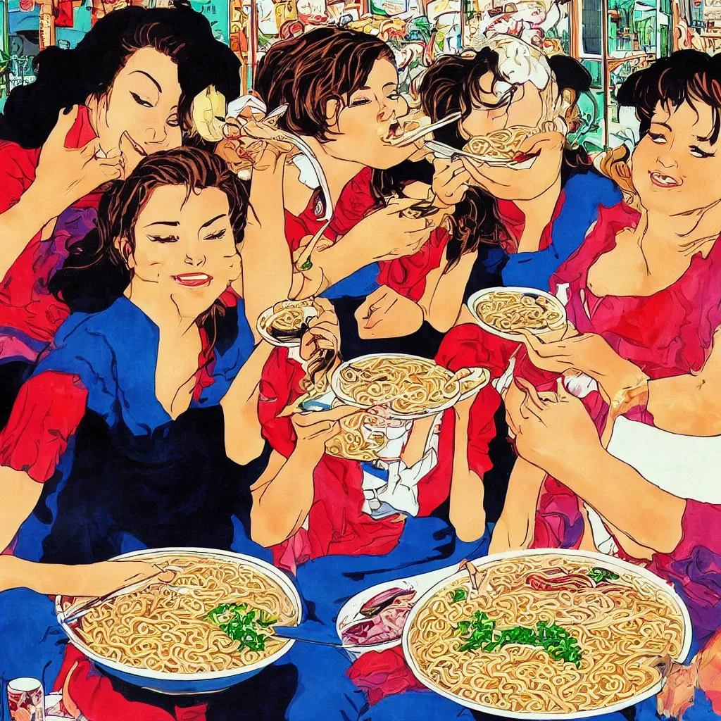 Prompt: 2 beautiful women eating a bowl of ramen, 1990s poster art