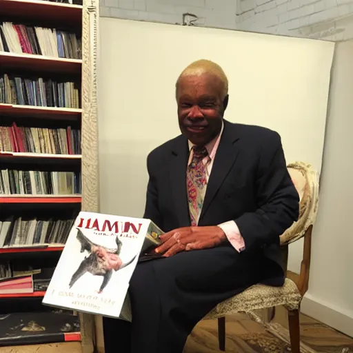 Prompt: cranbow jenkins, lord of the hambone, signing his new book called a man called cranbow