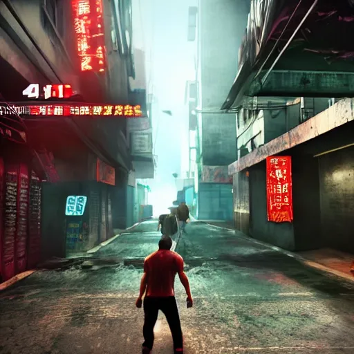Image similar to sleeping dogs video game gameplay one point perspective. hyperrealistic, 4k, photorealistic, hyper-detaled, global illumination, post processed, hdr, 8k, very very sharp, sharpened, high detail, cinematic, cinematic lightning, cinematic shadows, octane render, high quality textures
