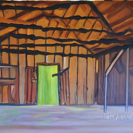 Prompt: a painting of a gbome in a barn, in the style of jenny nyström