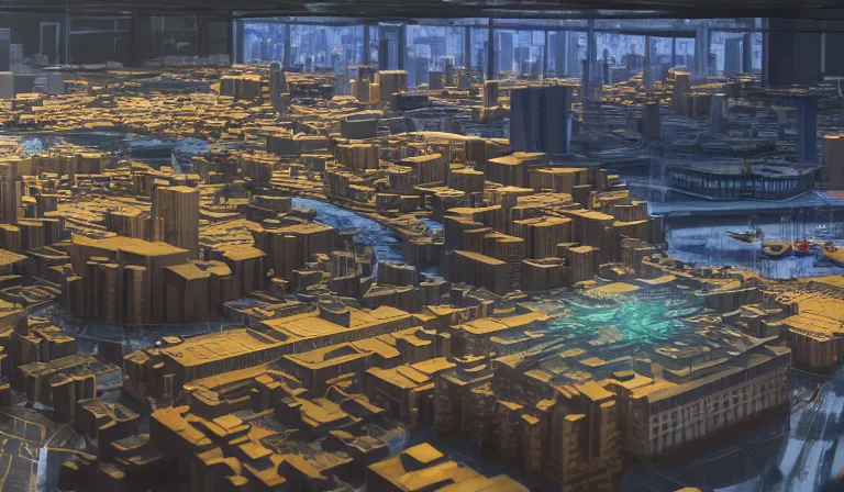 Image similar to large group people in simple warehouse, looking at hologram of futuristic city on a table, cinematic concept art, godrays, golden hour, natural sunlight, 4 k, clear details, tabletop model buildings, center model buildings, hologram center, crane shot, crane shot, crane shot, clear details, windows