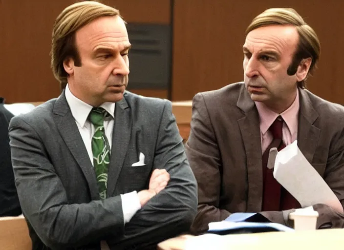 Prompt: saul goodman defending kermit the frog in court, still from better call saul