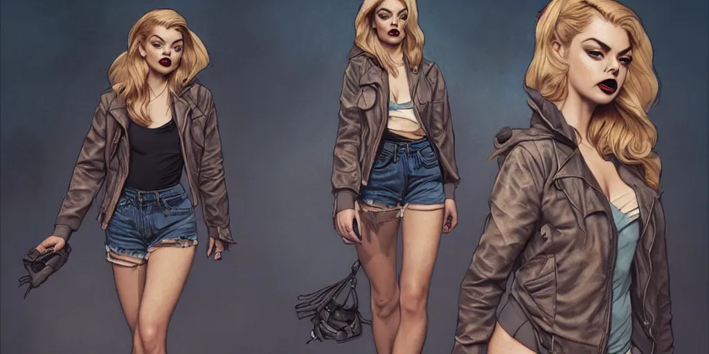 Image similar to tattooed pinup girl samara weaving wearing a jacket and ripped shorts jumping in a dark street, character sheet, character design,, contrast, deep focus, turnaround, highly detailed, dramatic lighting, digital painting, artstation, concept art, matte, sharp focus, illustration, elegant, kim jung gi, art by artgerm and greg rutkowski and alphonse mucha.