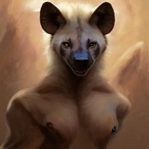 Image similar to portrait of a hyena girl, furry body, full body, harem, large ears, intricate, elegant, highly detailed, digital painting, artstation, concept art, smooth, sharp focus, illustration, art by artgerm and greg rutkowski and alphonse mucha and william - adolphe bouguereau