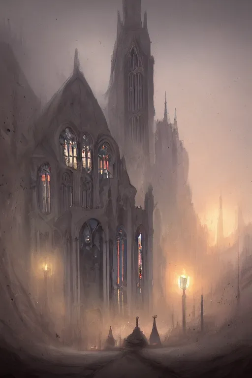 Image similar to illustration of close street view of gothic pipe organ, night, smoke, ground fog, by peter mohrbacher, by alex andreev, by jacek yerka, by alan lee, large depth of field, super detailed, digital art, trending on artstation, ornate