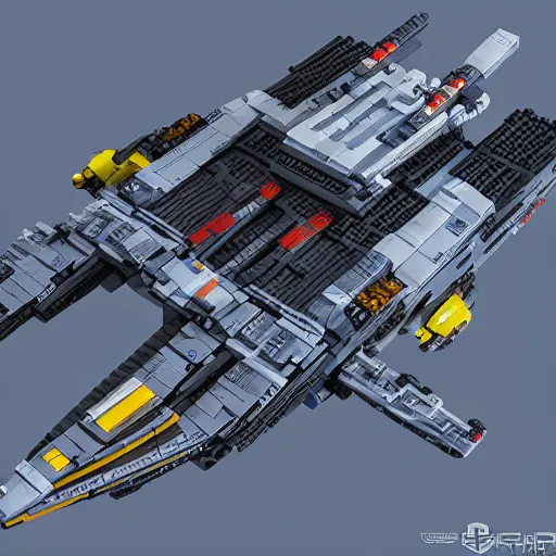 Image similar to star citizen ship made of lego, isometric, high detail, realistic, photography