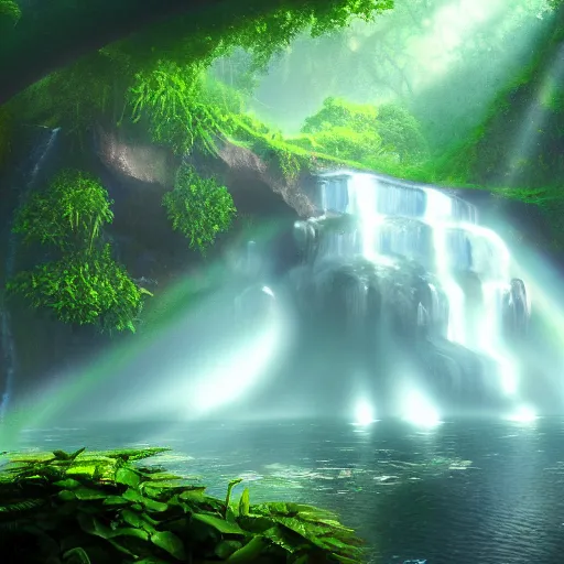 Image similar to great jungle turquiose waterfall, highly detailed, mist, god rays, cinematic, cinematic lighting, ultra details, cinematic, digital painting, artstation