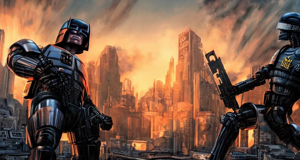 Image similar to Judge Dredd Battles Robocop In An Futuristic Industrial City , sunset, volumetric lighting, hyperrealistic, beautiful details, HDR, octane render, action shot, wide angle, bokeh, Yasushi Niarasawa Moebius Jim Steranko Style