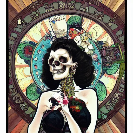 Image similar to manga skull portrait girl female skeleton marilyn monroe realism hyperrealistic art Geof Darrow and will cotton alphonse mucha pop art nouveau