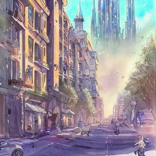 Image similar to Beautiful happy picturesque charming sci-fi city in harmony with nature. Beautiful light. Nice colour scheme, soft warm colour. Beautiful detailed watercolor by Lurid. (2022)