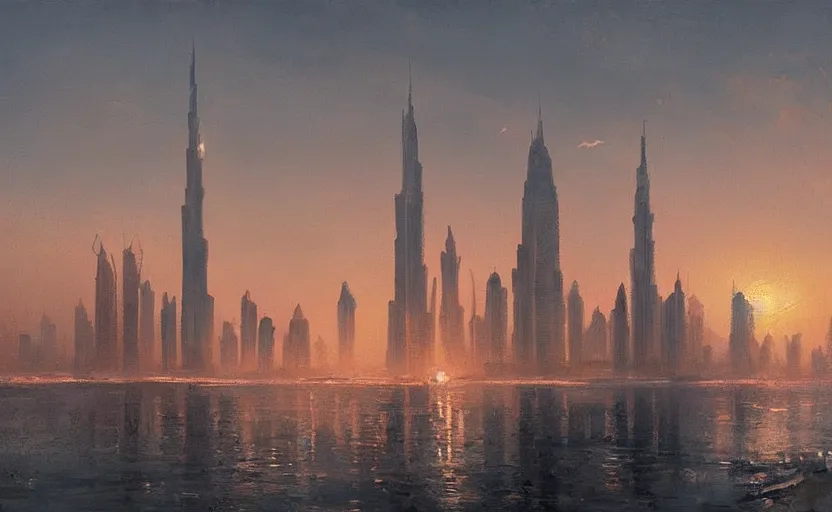 Image similar to oil painting of dubai skyline at sunset, natural light, concept art, by greg rutkowski, cozy atmospheric and cinematic lighting