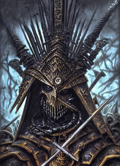 Image similar to portrait of a nagash atop his black pyramid, intricate, warhammer, warhammer 4 0 k, highly detailed, digital painting, concept art, sharp focus, illustration, muted colors, grim dark, moody, gloomy, art by john blanche, by pedro nunez, by jaime martinez, by nacho molina