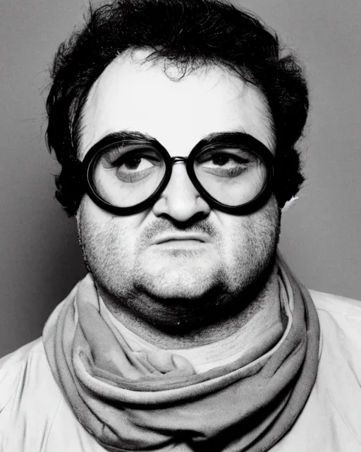 Prompt: headshot of a crazed john belushi wearing a leather bomber cap with aviator goggles, he is also wearing an a 2 flight jacket, a long white wool scarf is wrapped around his neck, he has a 5 o'clock shadow
