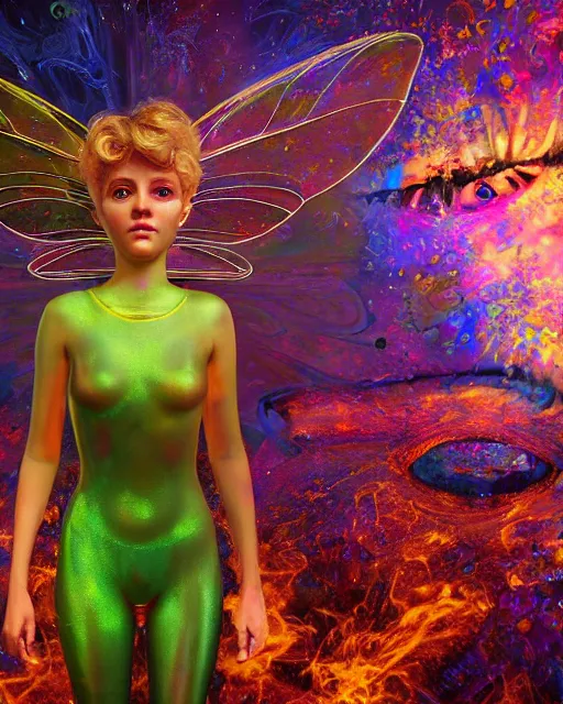 Image similar to portrait ultra dimensional tinker bell, accidentally tripping on dmt and acid, psychedelic experience, overwhelming psychosis of self realization and burning awakening, ultra high definition, unreal engine 5, hyperrealism, masterpiece composition, by casey weldon, barclay shaw 8 k photorealistic