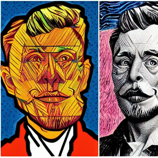 Image similar to portrait of elon musk, caricature,, mashup between mc escher and vincent van gogh