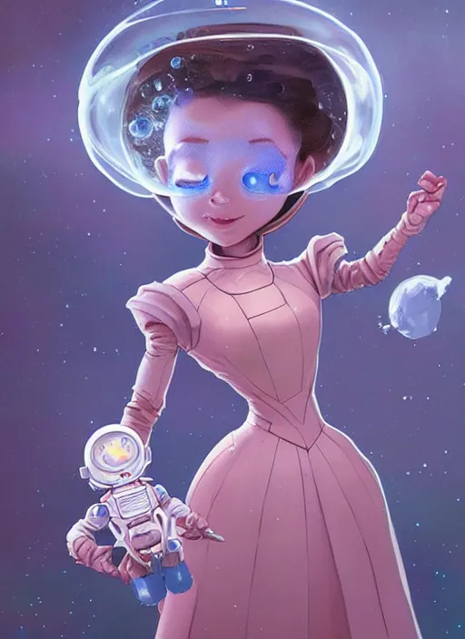 Prompt: beautiful planet cottagecore princess rosalina holding a small robot wearing a scifi jetsuit with bubble helmet by laurie greasley, intricate bioluminescent highly detailed, digital painting, concept art, symmetrical face, octane render unreal engine meta humans, smooth, sharp, focus, illustration, art by artgerm and greg rutkowski and alphonse mucha, artstation