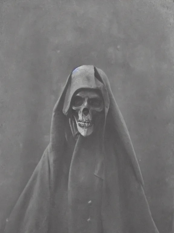 Prompt: portrait of faceless grim reaper with covered facr, ww1 photo, grainy, high detail, high resolution,