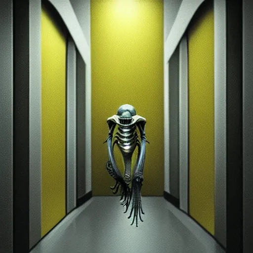 Prompt: detailed realistic xenomorph in an endless empty office building, pale yellow walls, moist brown carpet, defective fluorescent lighting, artstation, ultra detailed, creepy, photorealistic, nostalgia, art by h. r. giger