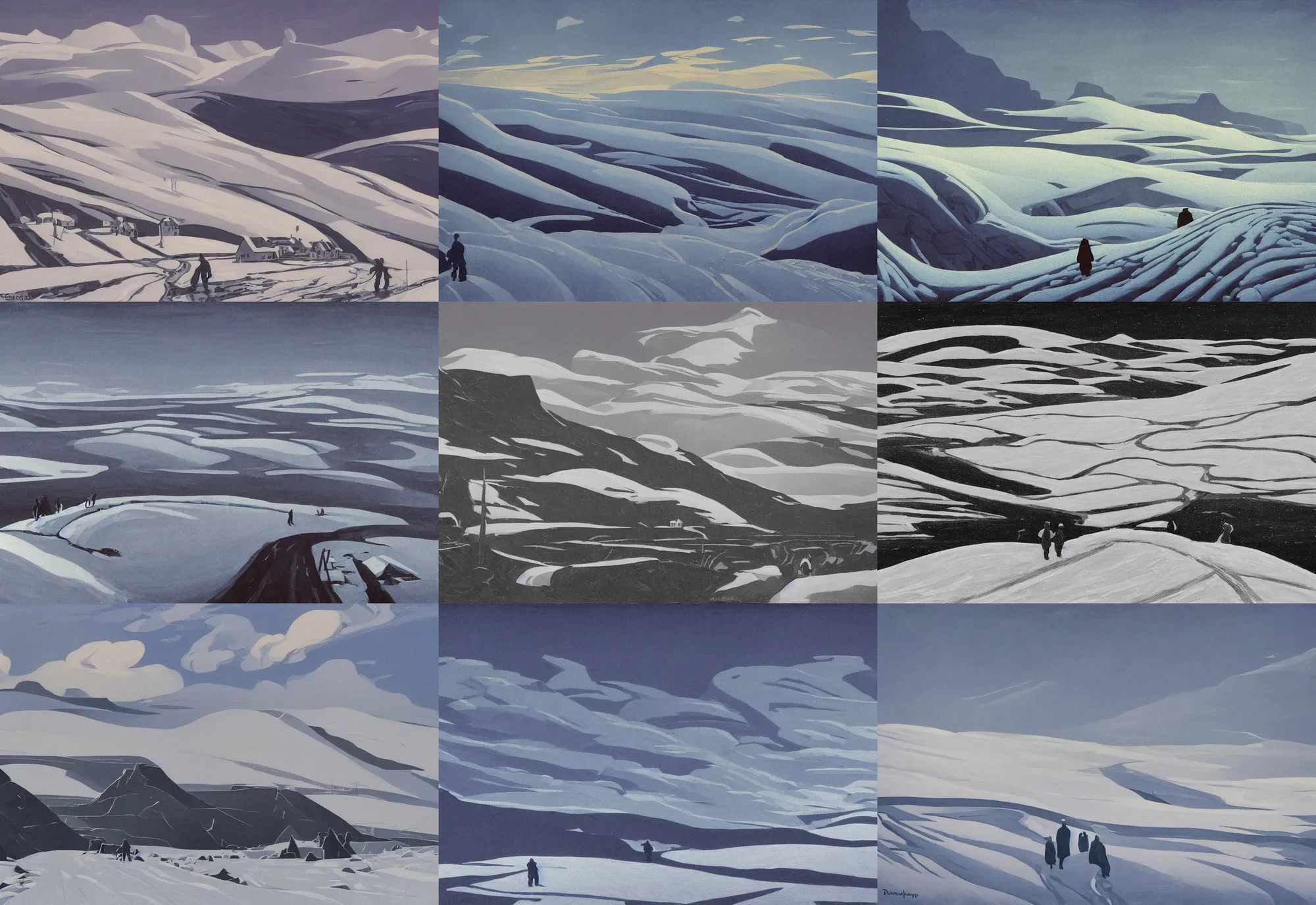 Prompt: travelers have hard track through snowy and iced fields, epic composition, cold, winter landscape, faroe island, cost, clouds, shot from danis villeneuve movie, roger deakins filming, nightfall, soviet artists, painting in the style of Alfred Joseph Casson, painting in the style of Ed Mell, in the style of Phil Buytendorp