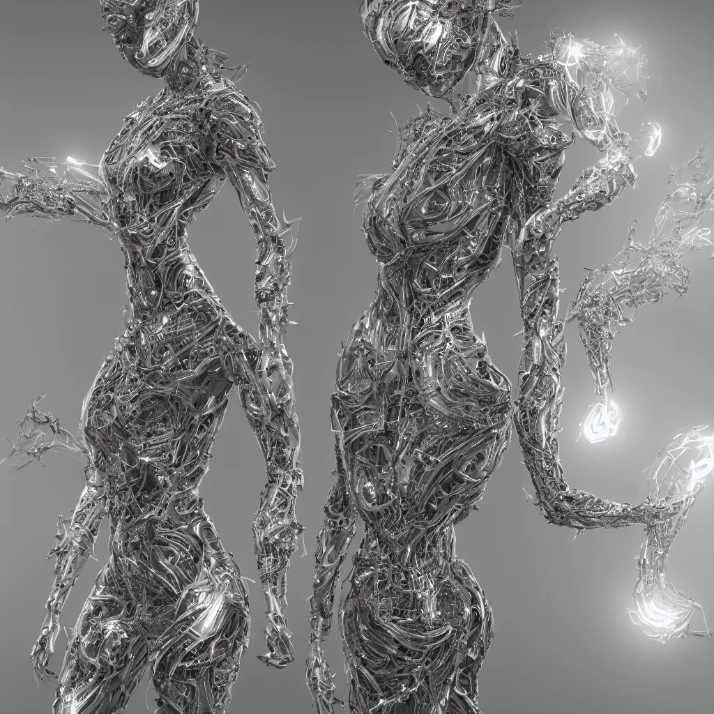 Prompt: full body detailed, ethereal chrome dress, biomechanical, covered in diamonds and other items glowing, highly detailed face, elegant posed, intricate, extremy detailed, beeple, cgsociety, 3 d unreal engine octane render. cinematic lighting, highly detailed