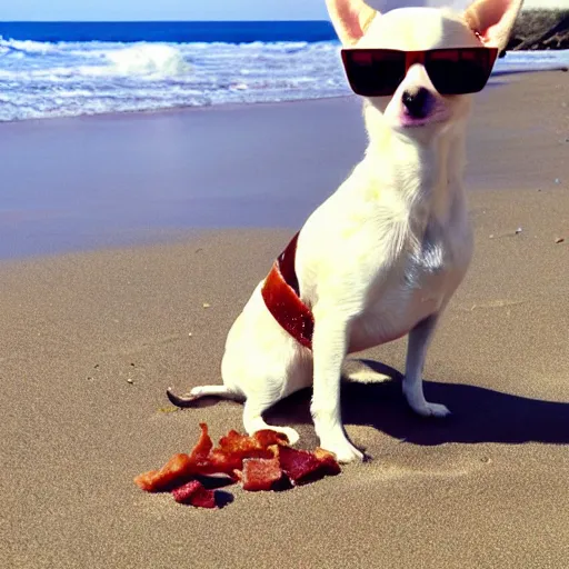 Prompt: fat chunky white and tan chihuahua wearing sunglasses and eating bacon on a beach