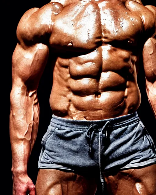 Image similar to extreme closeup of anonymous abdominal muscles, wearing shorts and highcut top, very sweaty, backlit, studio lighting, intricate detail, beautiful composition, extremely muscly bodybuilder by frank frazetta