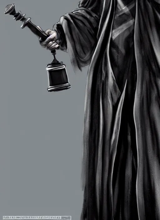 Image similar to judge in a black robe holding a scales of justice in one hand and a gavel in the other hand, dead by daylight killer, concept art, 4k