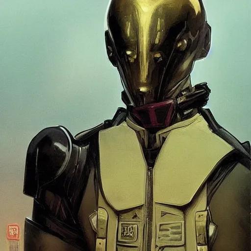 Image similar to portrait of rubbery, gaunt albino mutant with moist skin, sharp features, large lips, huge black eyes and determined expression, wearing fascist Byzantine police uniform and standing on cyberpunk docks, Dune concept art by Anato Finnstark, Alphonse Mucha, and Greg Rutkowski