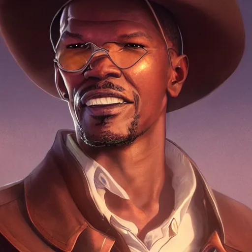 Image similar to old jamie foxx as a cowboy, single subject, scenic full shot, ambient lighting, detailed face, by makoto shinkai, stanley artgerm lau, wlop, rossdraws