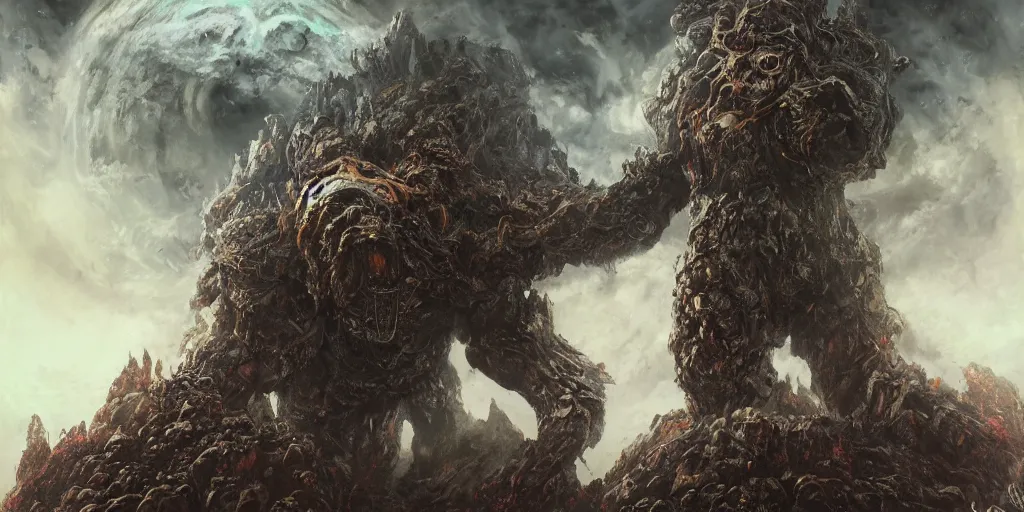 Prompt: concept art of giant metal gorilla, lava rocks, lovecraftian, renaissance, roaring, melting horror, round moon, rich clouds, fighting the horrors of the unknown, mirrors, very detailed, volumetric light, mist, grim, fine art, decaying, textured oil over canvas, epic fantasy art, very colorful, ornate scales, anato finnstark