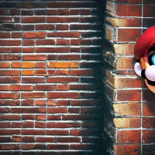 Image similar to super mario peeking behind a brick wall, gritty, dark, scary