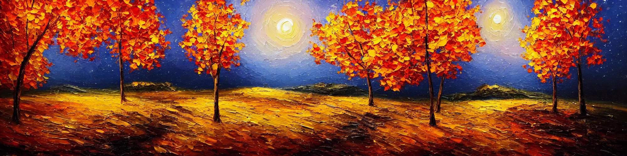 Prompt: painting of autumn landscape during night, award winning painting, beautiful, breathtaking, stunning scenery, trending on artstation, masterpiece