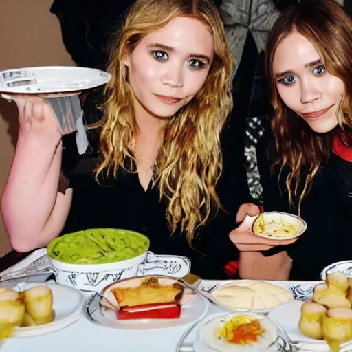 Image similar to obese mary kate and ashley olsen eating mukbang