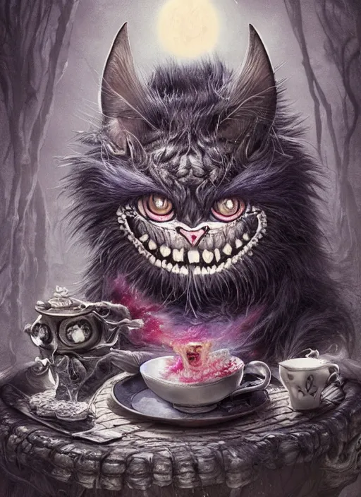 Image similar to Cheshire Cat having tea, Death Tarot card,highly detailed,half skull face,cinematic,8k,by Stanley Artgermm,Tom Bagshaw,Greg Rutkowski,Carne Griffiths, Ayami Kojima, Beksinski, Giger,trending on DeviantArt,hyper detailed,horror, full of colour