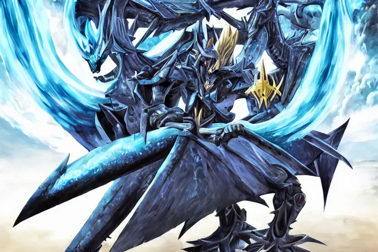 Image similar to a blue - eyes white dragon ( from the yu - gi - oh ), heavily armed and armored facing down the dark magician ( from yu - gi - oh ), in a dark and gritty version from the makers of mad max : fury road. witness me.