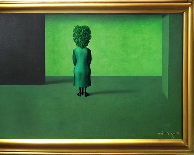 Image similar to green painting by Magritte. Pressed with gold leaf. shiny golden accents