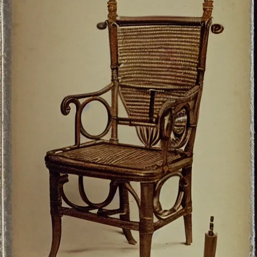 Prompt: An 1860s carte de visite photograph of an empty chair with a revolver sitting on it, beautiful handcrafted antique gun, wicker chair, high quality photograph, highly detailed, high definition, professionally photographed chair, revolver on chair, the gun is visible and prominent in the image, weapon photography, focus on revolver, 8k restored and remastered