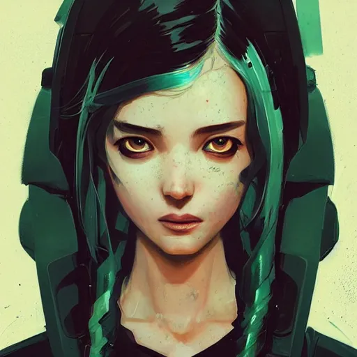 Image similar to Highly detailed portrait of a cyberpunk young lady with, freckles and wavy hair by Atey Ghailan, by Loish, by Bryan Lee O'Malley, by Cliff Chiang, by Greg Rutkowski, inspired by image comics, inspired by graphic novel cover art, inspired by nier!! Gradient color scheme ((grafitti tag brick wall background)), trending on artstation