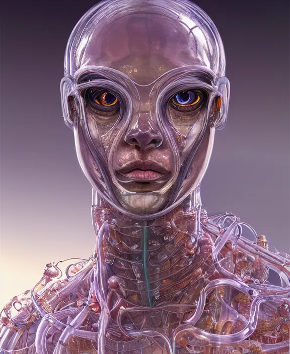 Image similar to opulent transparent clear see - through portrait of a terrifying beautiful male alien centipede computer cyborg, mottled coloring, adorable, childlike, overgrown biopunk jungle environment, ultra realistic, concept art, art nouveau, photorealistic, octane render, 8 k, unreal engine. art by christopher marley and artgerm and greg rutkowski and alphonse mucha