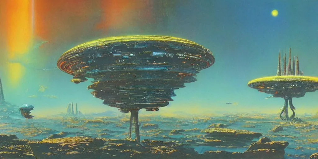 Prompt: landscape of an alien world, futuristic skyscaper, by bruce pennington. vibrant color