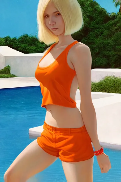 Image similar to a beautiful woman with hip-length blonde hair, wearing a cut-off white top and short light orange cut-off shorts, stands by a swimming pool, in the style of artgerm and moebius and annie liebovitz, photorealistic, highly detailed, trending on artstation