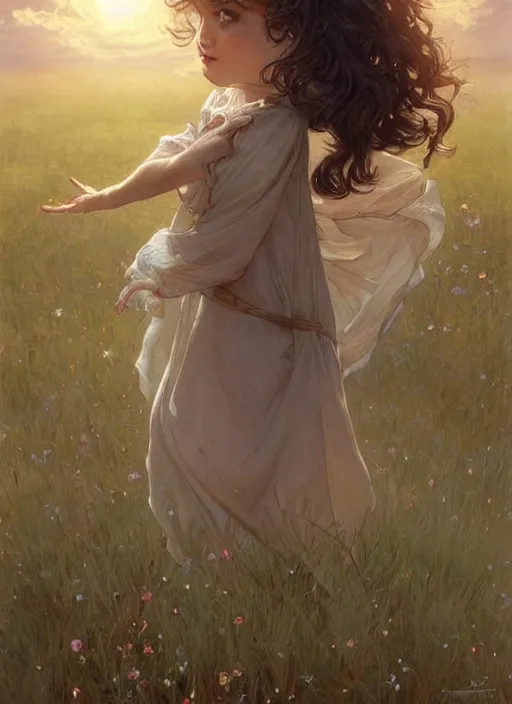 Image similar to A cute little girl with short curly brown hair. She is standing in a field at night looking up and the sky is filled with constellations. beautiful fantasy art by By Artgerm and Greg Rutkowski and Alphonse Mucha, trending on artstation.