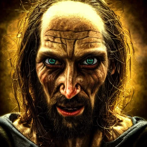 Image similar to a realistic photo of demonic Jesus Christ scary, horror, demons, terror, terrifying, dark, gloomy, ominous, hyper realism, wide shot, photography, photograph, hyper realism, detailed face, render,