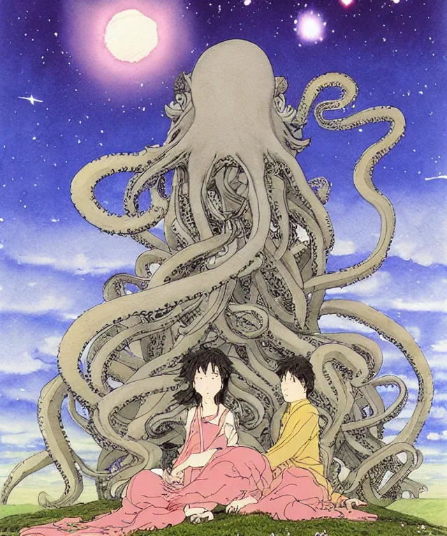 Image similar to a hyperrealist studio ghibli watercolor fantasy concept art. in the foreground is a giant long haired grey octopus sitting in lotus position on top of stonehenge with shooting stars all over the sky in the background. by rebecca guay, michael kaluta, charles vess